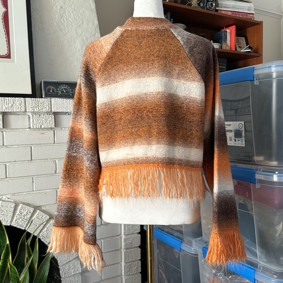 Zara Orange Brown Boho Fall Crop Fringe Sweater Blogger Fave 70s Ombré Spacedye - Picture 7 of 10
